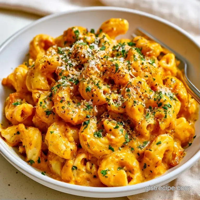 A shallow white ceramic bowl filled with vibrant orange pasta, garnished with a fresh basil leaf and white cheese.