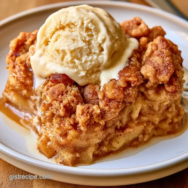 A warm slice of spiced fruit dessert topped with a melting scoop of vanilla ice cream on a white ceramic plate.
