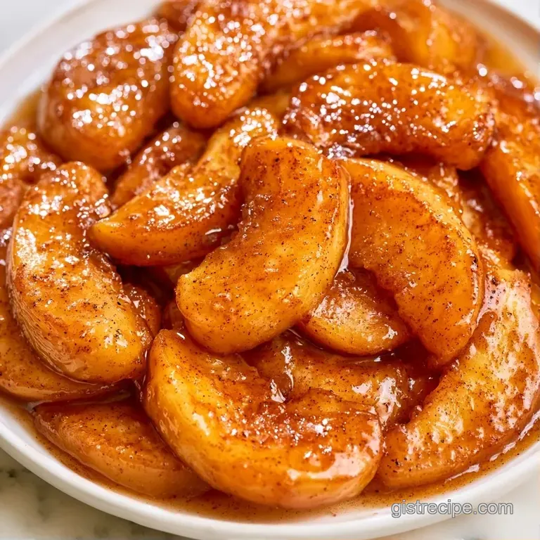 A scoop of warm, cinnamon-coated apple slices topped with vanilla bean ice cream on a white porcelain plate.