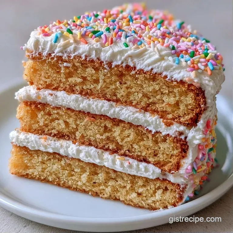 A neat slice of pale gold sponge cake with smooth white frosting on a porcelain plate beside a silver fork.