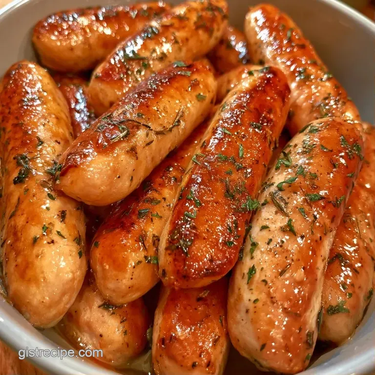 Neatly plated browned sausages beside saut&eacute;ed bell peppers and onions, glistening on a dark matte dinner plate.