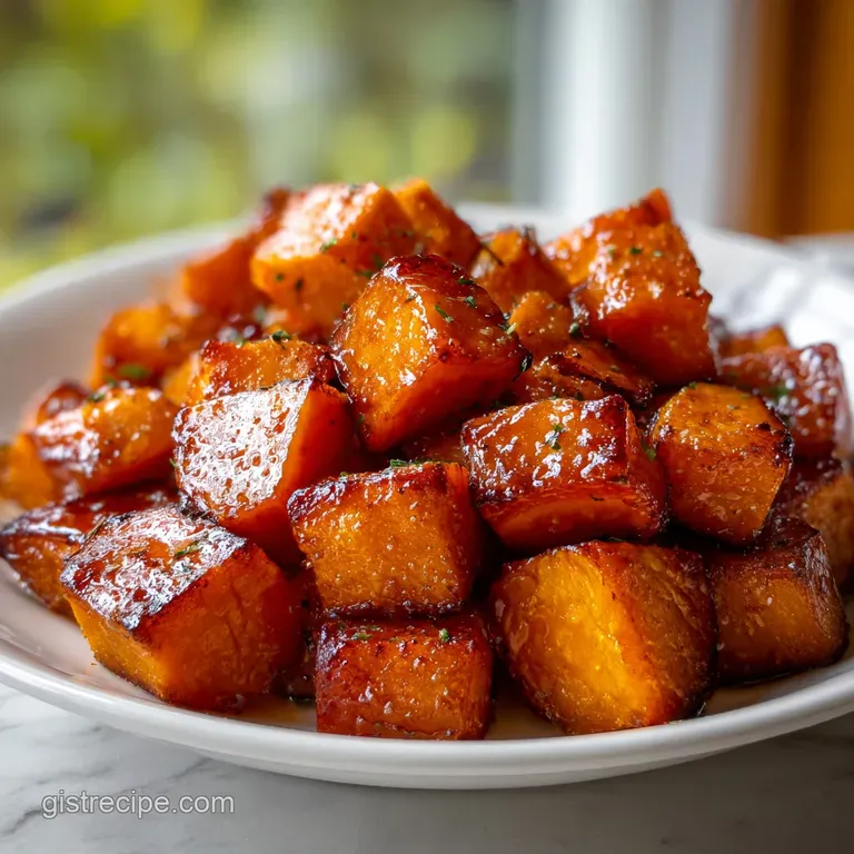 Glossy caramelized sweet potato wedges arranged on a white platter with a drizzle of honey and a sprig of parsley.