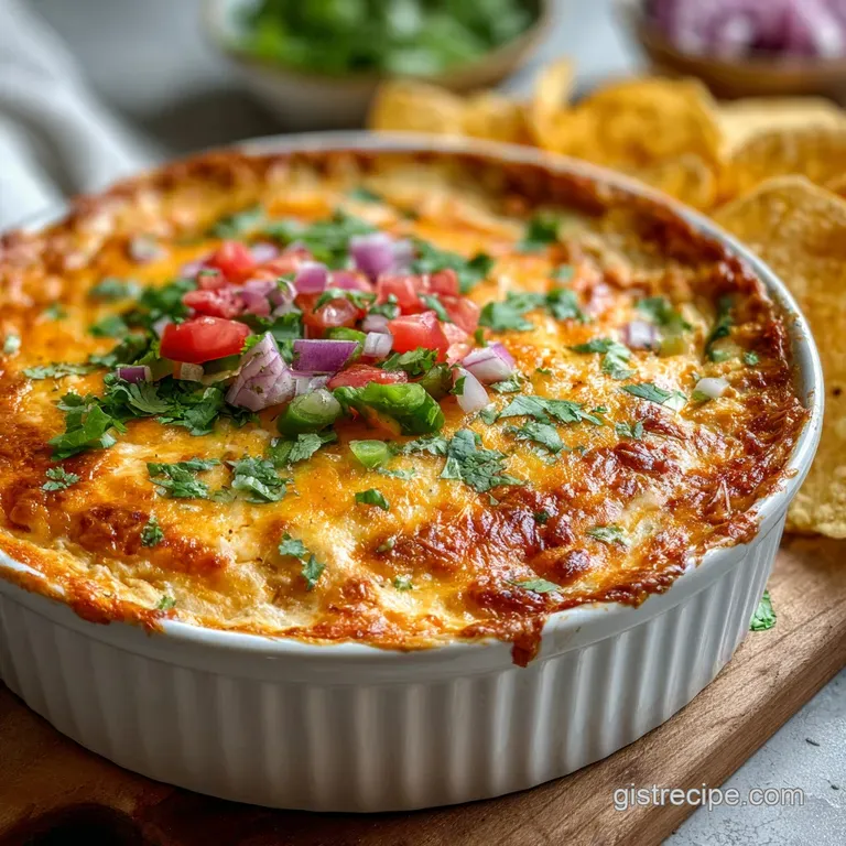 Creamy, layered taco dip in a glass dish. Colorful blend of melted cheese, seasoned meat, and vibrant vegetable toppings.
