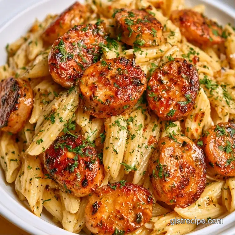 Elegant plating of pasta topped with seared sausage and microgreens, garnished with shaved parmesan on a slate plate.