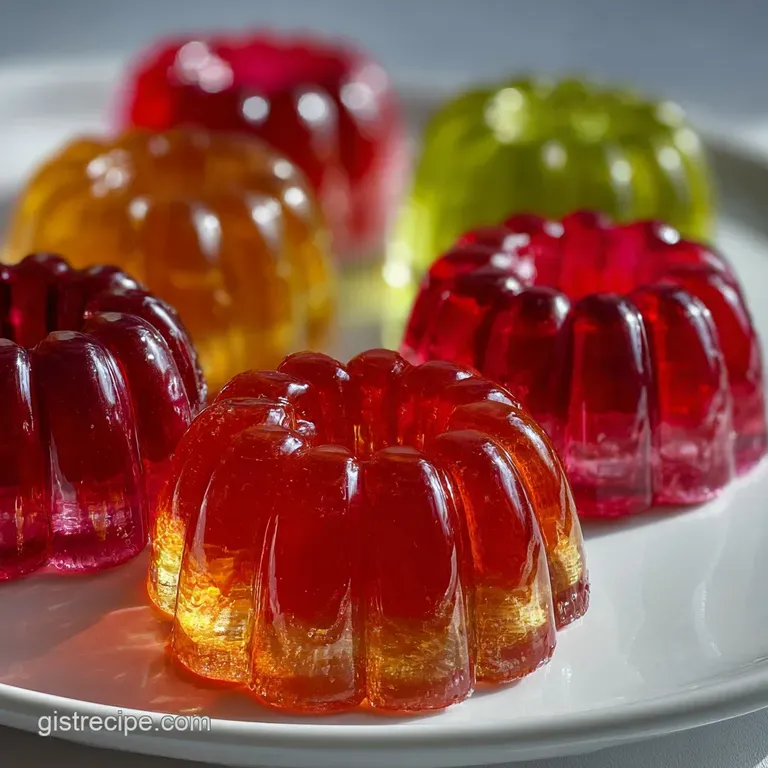 Assorted jigglers arranged on a glass dessert plate, light reflecting off their smooth surfaces. A whimsical, colorful treat.