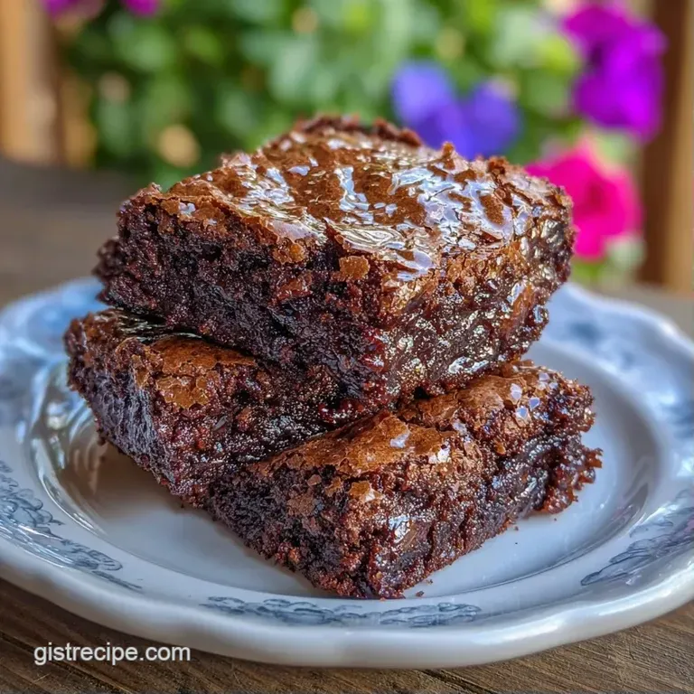 A rich, dark cocoa square dusted with powdered sugar and paired with a dollop of fresh whipped cream on a white plate.
