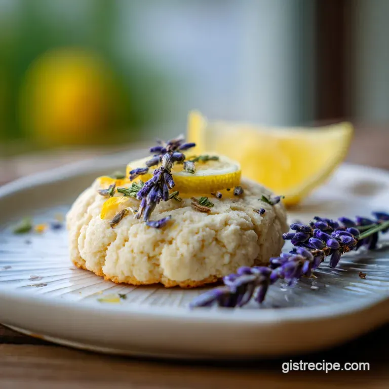 A stack of delicate lavender lemon cookies on a white plate, dusted with sugar, beside a sprig of fresh lavender.