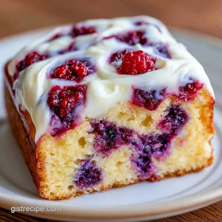 A slice of moist yellow sponge topped with glossy purple berry sauce and creamy white frosting on a porcelain plate.