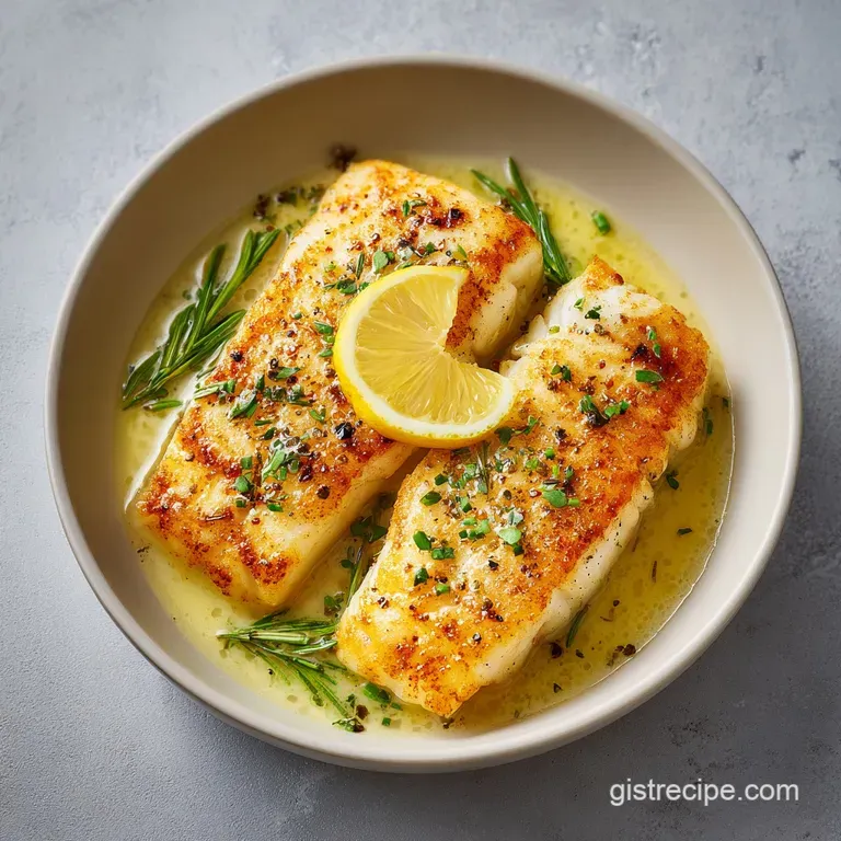 Flaky white fish fillet topped with capers and parsley, surrounded by a glossy butter sauce and steamed asparagus.