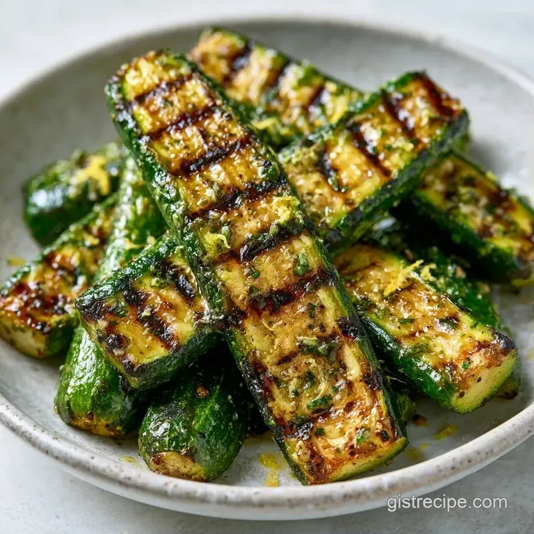 Neatly arranged green zucchini slices with dark grill marks, garnished with fresh lemon zest and cracked pepper