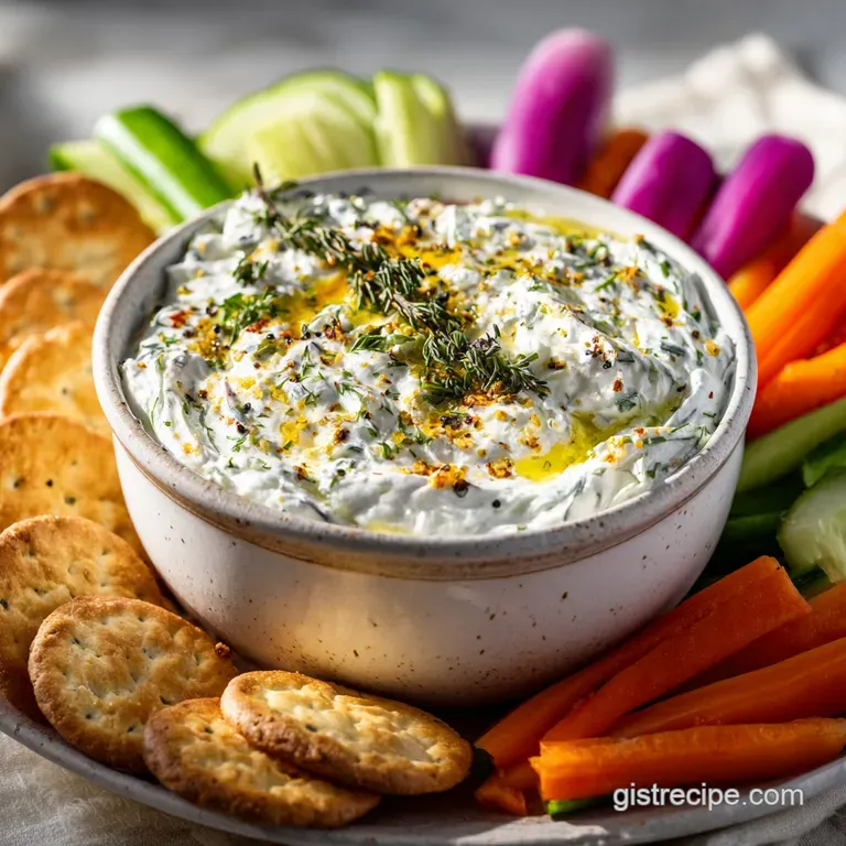 Individual ramekin of creamy dip overflowing with bright-green herbs and colorful, crisp vegetables, ready to be enjoyed.