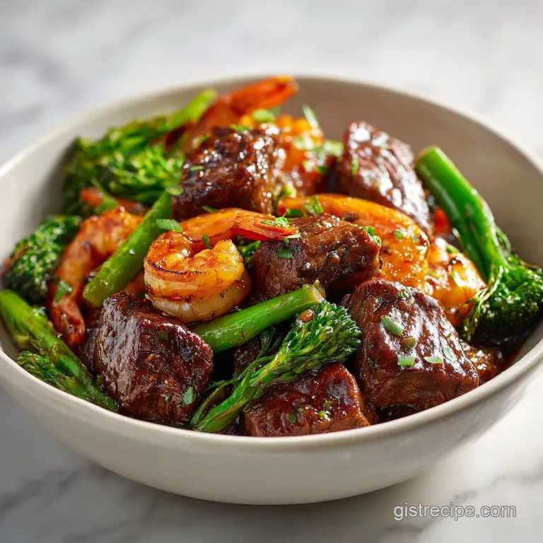 Perfectly seared steak and shrimp artfully arranged with crisp vegetables, drizzled with a rich, glossy garlic sauce.