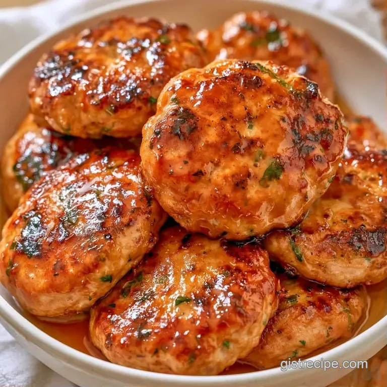 Golden-brown sliced sausages arranged on a white plate, garnished with fresh parsley and a glossy syrup drizzle.