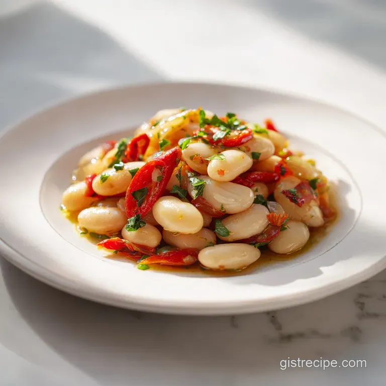 Elegant spoonful of marinated white beans with herbs, showcasing vibrant colors and creamy textures, atop crusty bread.