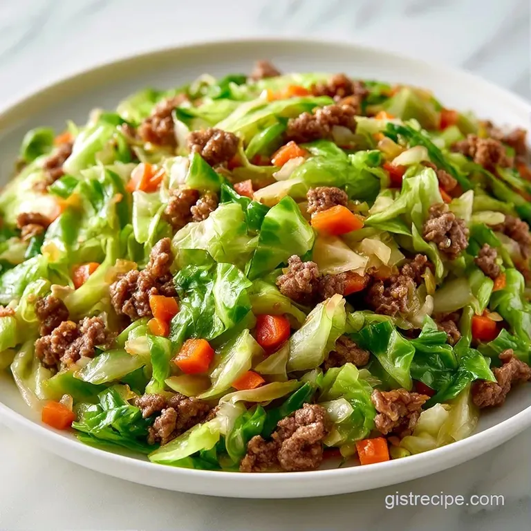 A heap of saut&eacute;ed cabbage and beef topped with crumbled white feta and fresh parsley on a matte grey dinner plate.