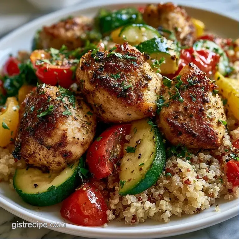 Colorful bowl with seared chicken, crisp cucumbers, and olives, drizzled with a glossy lemon vinaigrette dressing.