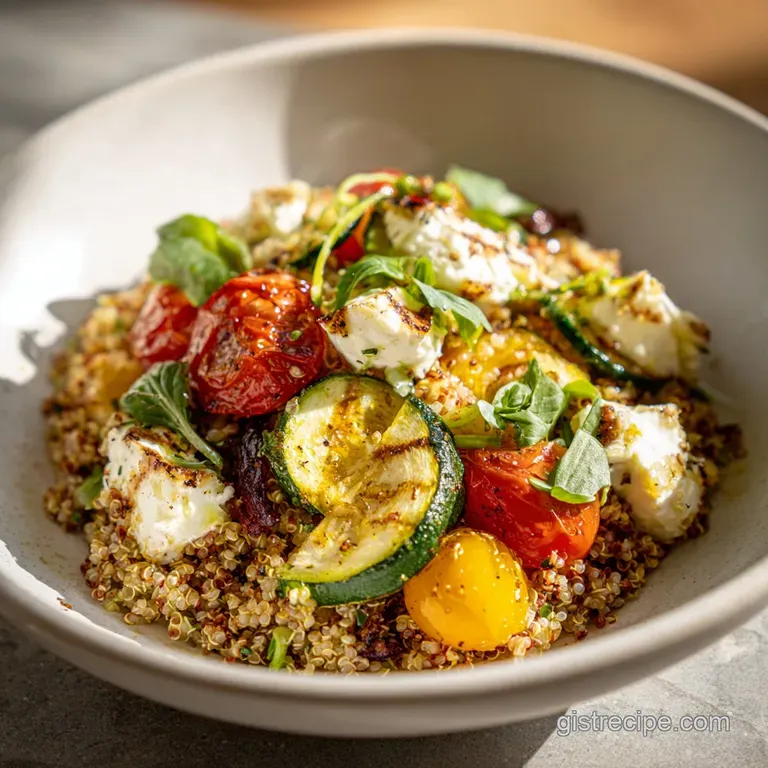 Artfully arranged salad: jewel-toned vegetables nestled amongst broth-soaked quinoa. Fresh herbs add a pop of verdant colo...
