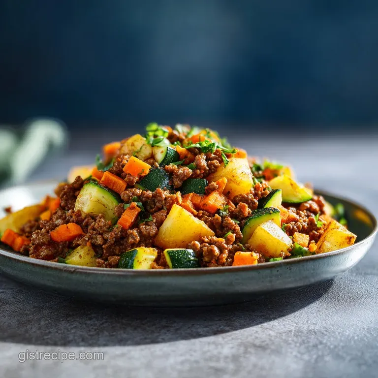 Saut&eacute;ed beef and potato chunks in a rustic bowl, topped with sliced avocado and a sprinkle of fresh green cilantro.