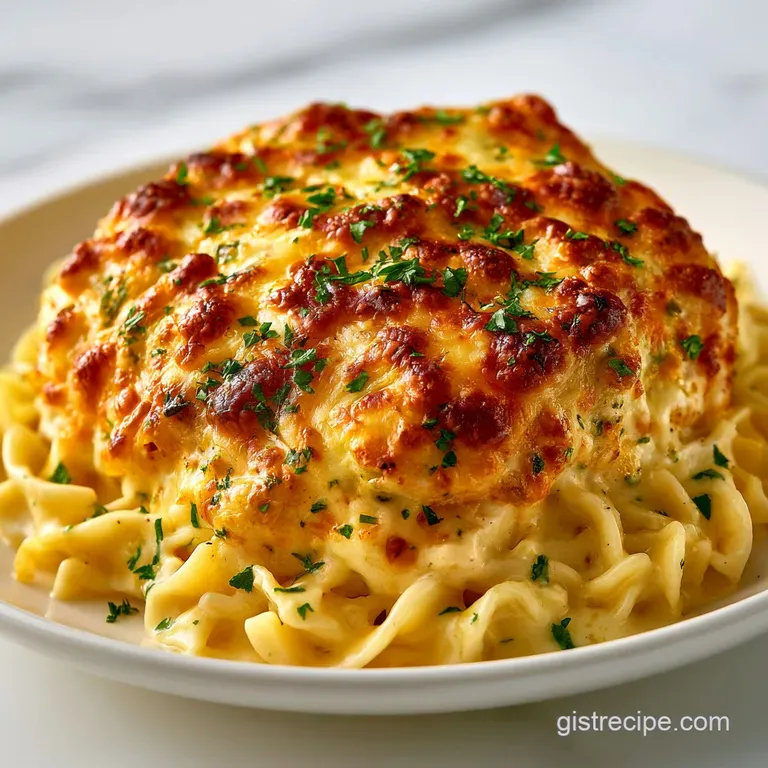 A square slice of creamy chicken casserole on a white plate, topped with melted cheese and a sprig of fresh parsley.