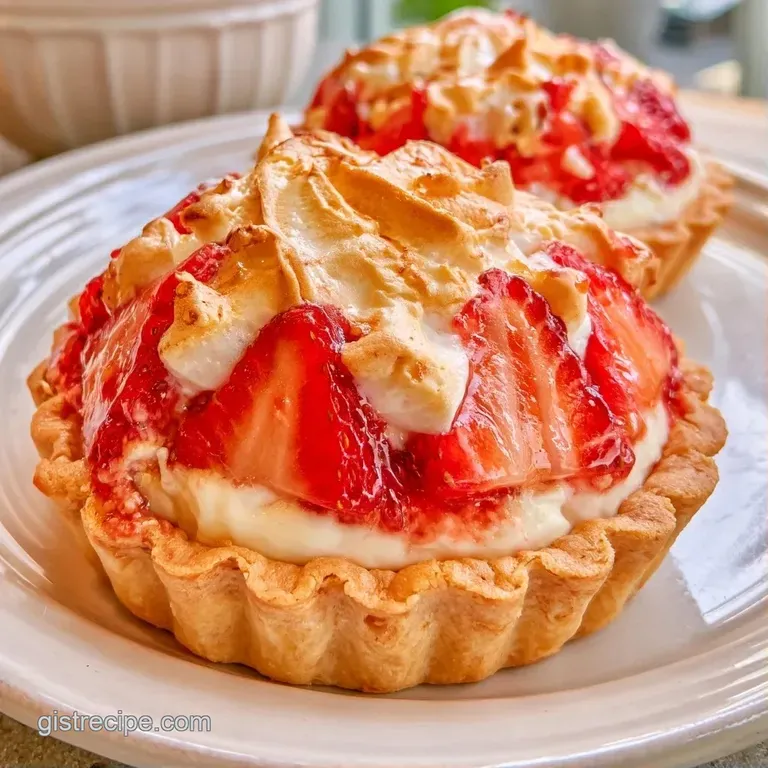 Small golden pastry cups arranged on a white marble slab, topped with fluffy cream and vibrant berry coulis.