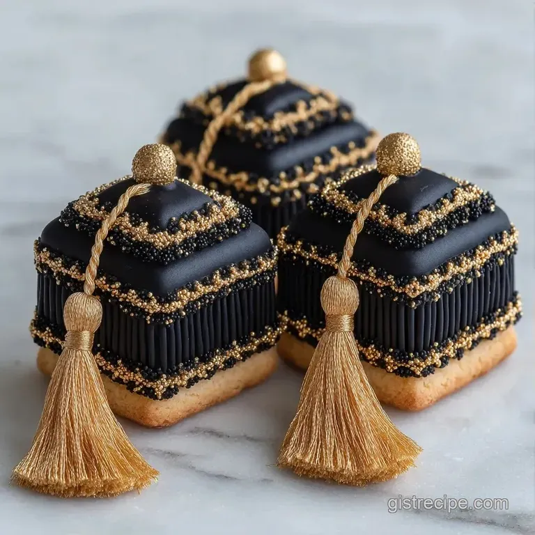 Small square black treats with golden tassels neatly lined up on a silver tray with a festive celebratory backdrop.