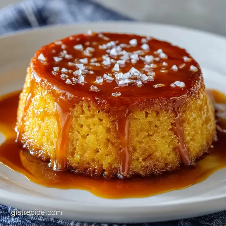 A single slice of layered sponge cake with amber caramel sauce, topped with a pinch of flaky sea salt on a white plate.