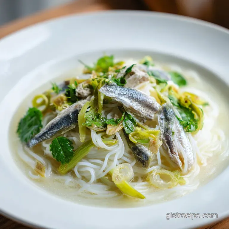 Elegant bowl of Mohinga, vibrant with fresh cilantro, chili flakes, and a squeeze of lime, steaming and ready to eat.