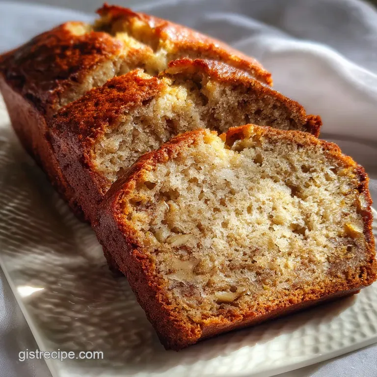 Slice of moist banana bread on a white plate, dusted with powdered sugar. Garnished with fresh banana slices and mint.