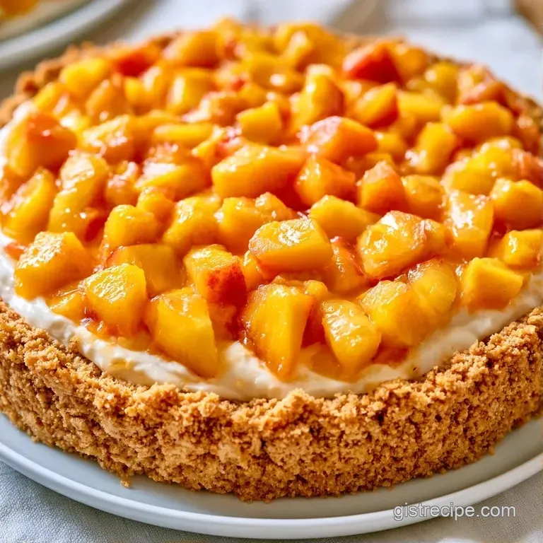 Elegant slice of chilled cream pie on a ceramic plate, garnished with vibrant orange peach slices and fresh mint.