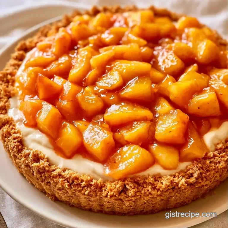 A slice of creamy peach dessert on a white plate, garnished with a fluffy whipped cream dollop and mint leaf.