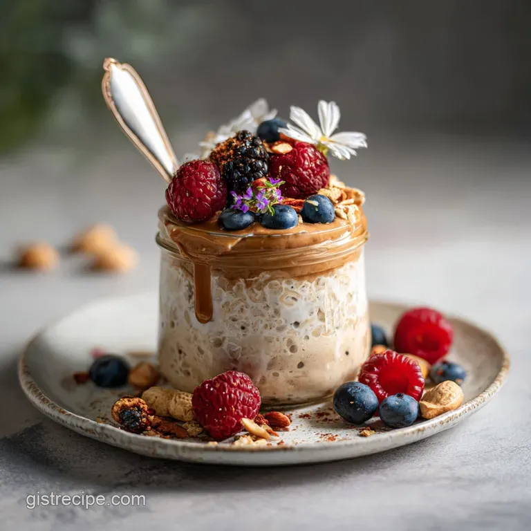 Elegant bowl of layered overnight oats. Topped with fresh raspberry halves, crunchy granola, and a drizzle of golden honey.