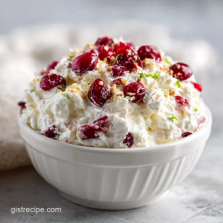 A scoop of rosy fluff salad, dotted with jewel-like cranberries, artfully placed on a white dessert plate.
