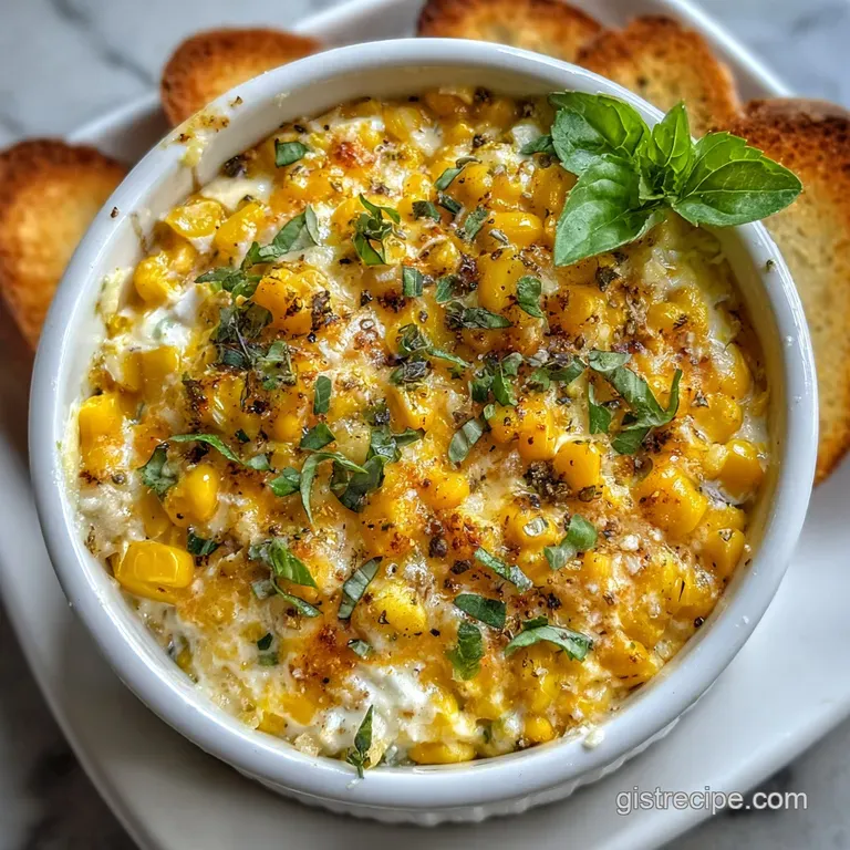 Creamy, golden corn dip in a rustic bowl, garnished with fresh cilantro and vibrant red pepper flakes on a wooden surface.