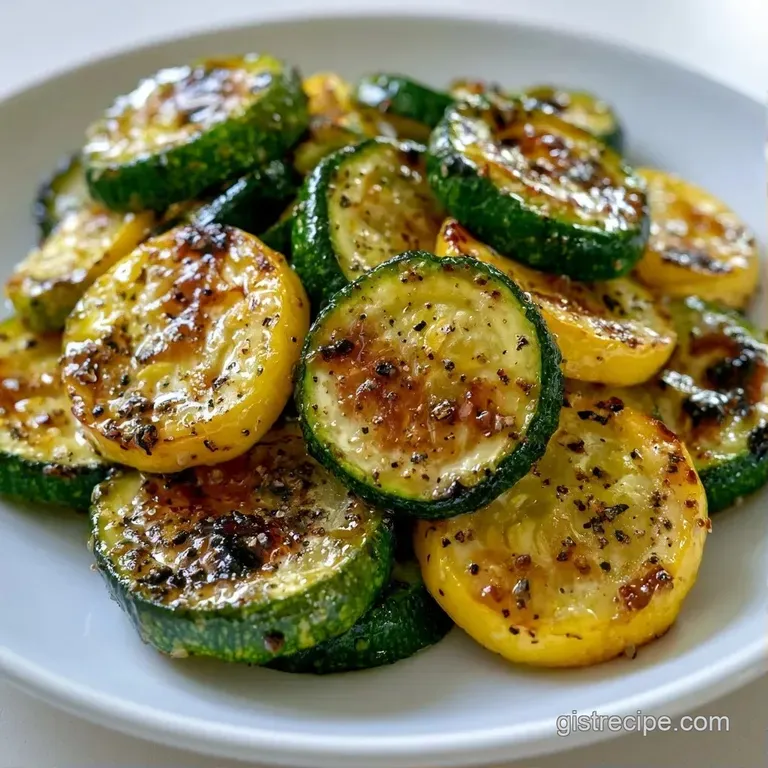 Neatly stacked yellow and green vegetable rounds on a white ceramic plate, glistening with oil and black pepper.