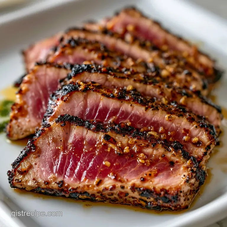 Neatly sliced seared tuna resting on a bed of wilted spinach with a bright lemon slice and fresh parsley.