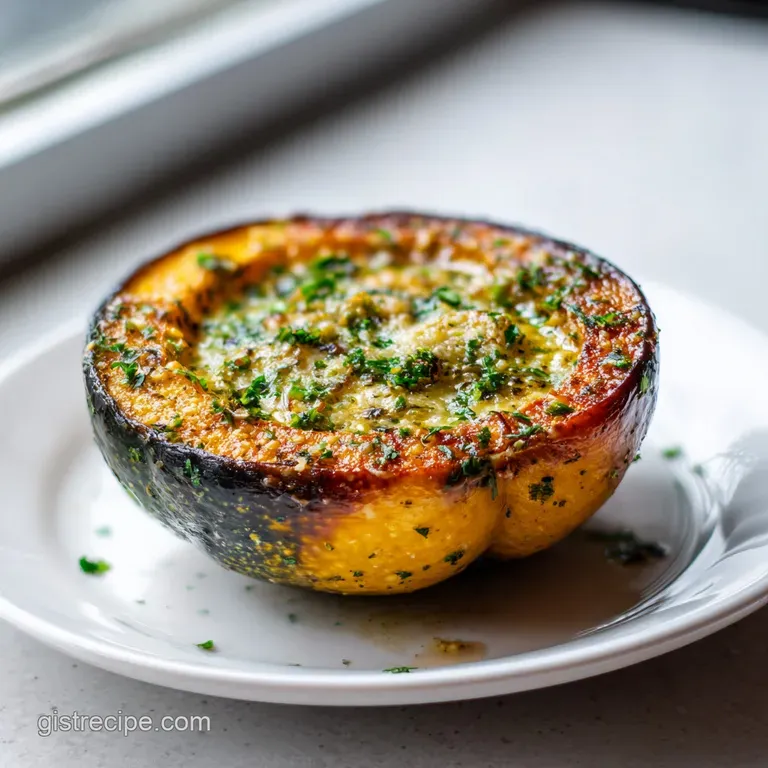 A plated roasted acorn squash wedge with crispy parmesan crust. Fresh herbs add color to the warm, inviting autumn dish.