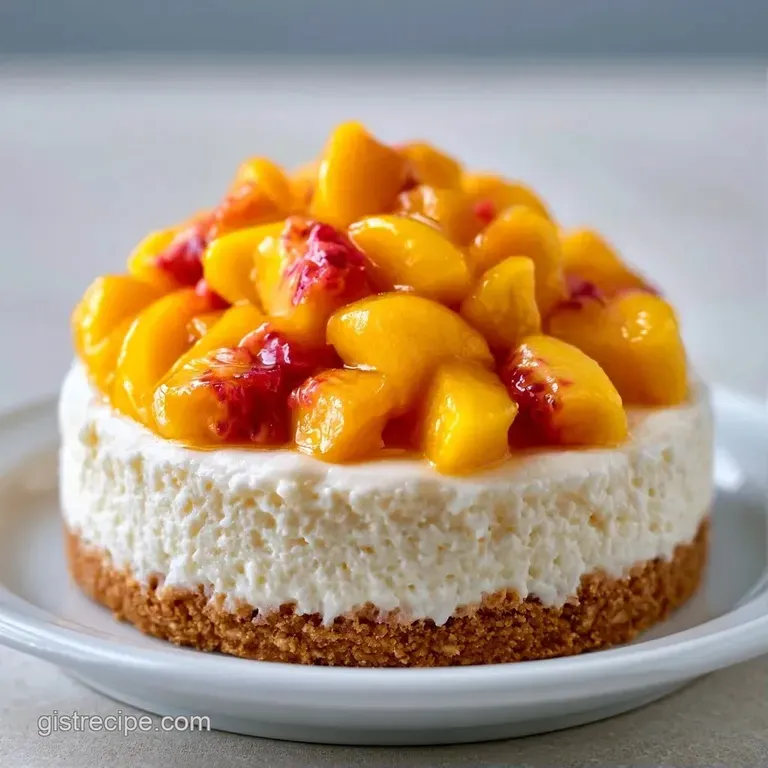A slice of airy peach dessert on a white ceramic plate with a swirl of whipped cream and a bright mint leaf.