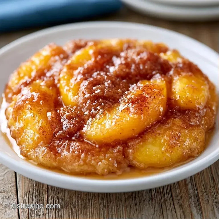 Warm slice of golden fruit dessert topped with a melting scoop of vanilla ice cream on a white ceramic plate.