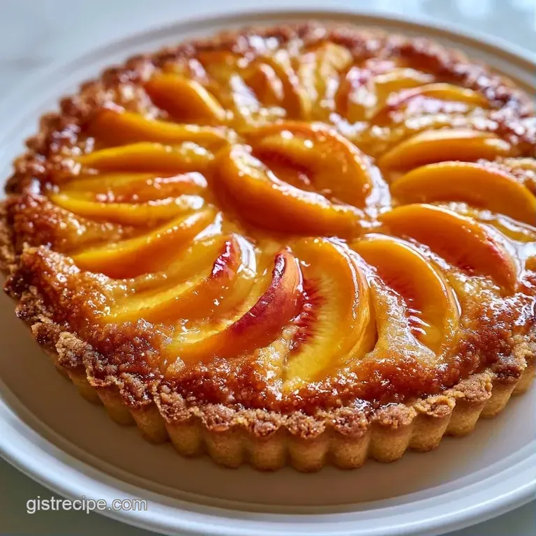 A slice of warm fruit tart with a crumbly topping on a white plate, served with a melting scoop of vanilla ice cream.