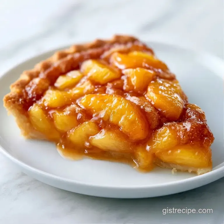 A warm slice of golden fruit pie with glistening orange slices, paired with whipped cream on a white ceramic plate.