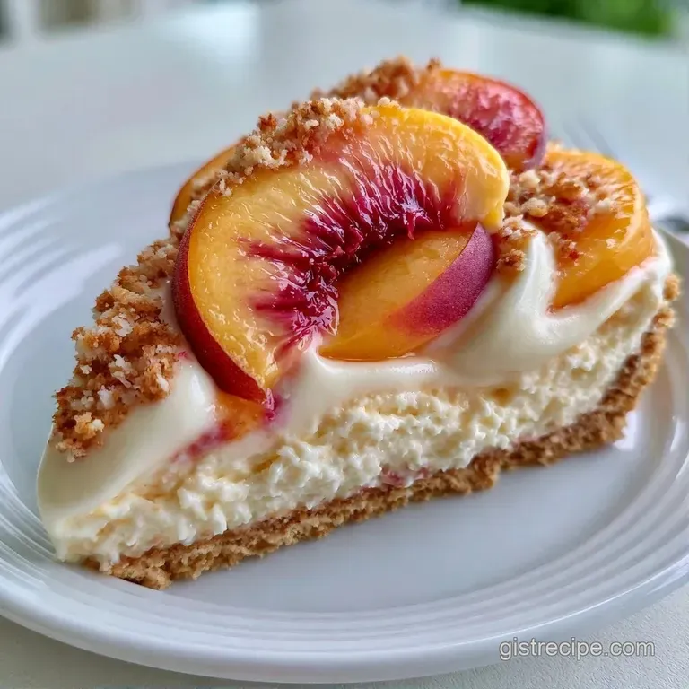 A thin slice of creamy peach tart on a white plate, garnished with a fresh mint leaf and a drizzle of honey syrup.