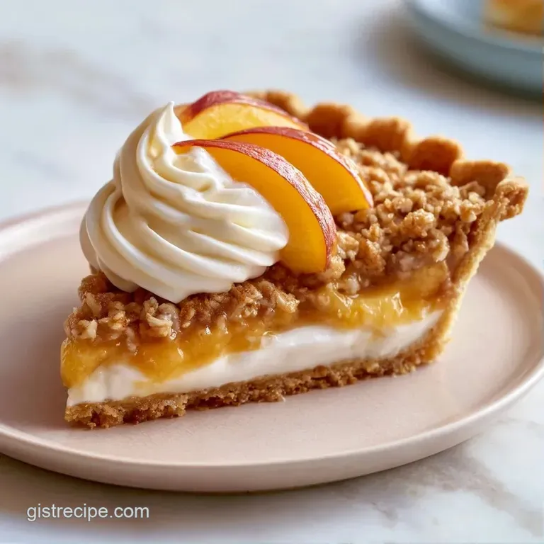 A slice of warm fruit tart on a white plate with a swirl of whipped cream and a fresh, green mint garnish.