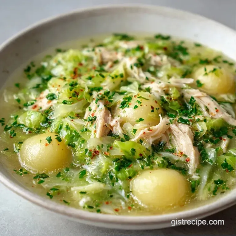A white ceramic bowl filled with pale green cabbage and root vegetables, garnished with a sprig of fresh parsley.