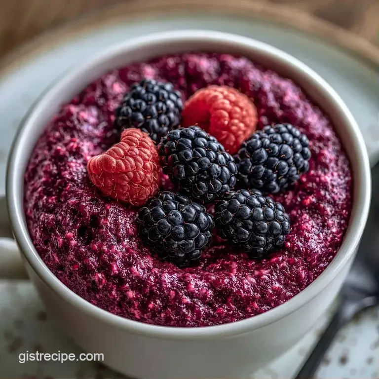 Warm purple sponge cake in a white mug, topped with fresh tart berries and a delicate dusting of powdered sugar.