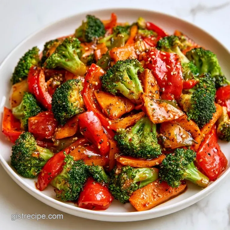 Colorful saut&eacute;ed vegetables served over a bed of fluffy white rice, topped with toasted sesame seeds and green onions