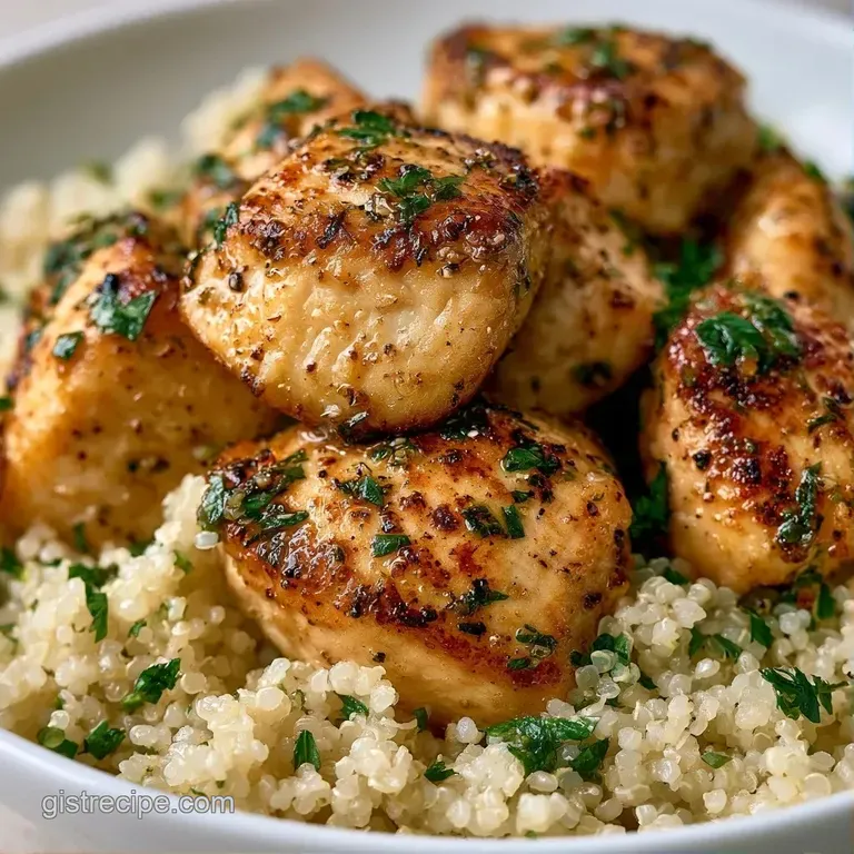 Vibrant bowl of fluffy quinoa topped with sliced grilled chicken, bright orange carrots, and fresh leafy greens.