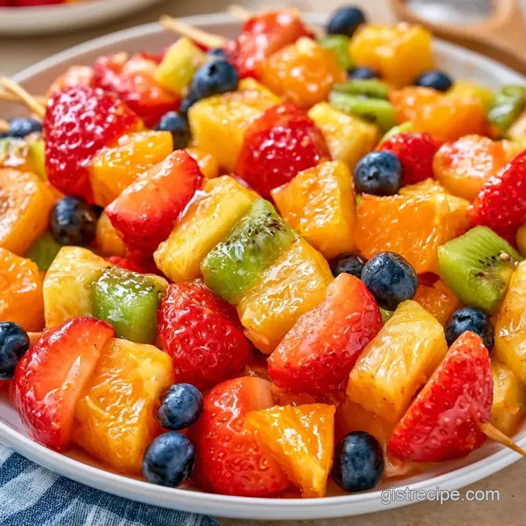 Colorful fruit kabobs arranged on a white ceramic platter, garnished with fresh mint leaves for an elegant look.