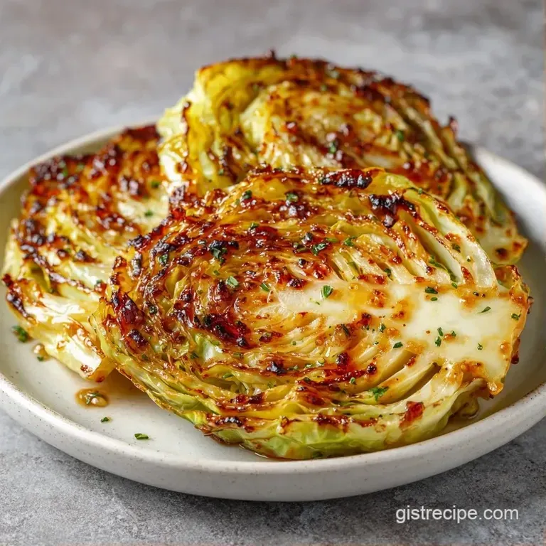 Thick slices of caramelized cabbage arranged on a white ceramic plate, topped with fresh parsley and toasted nuts.