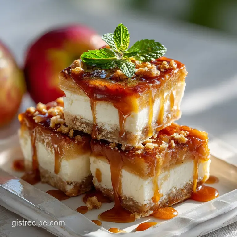A single apple cheesecake bar, artfully plated, reveals creamy layers and a tempting caramel drizzle. Dusting of powdered ...
