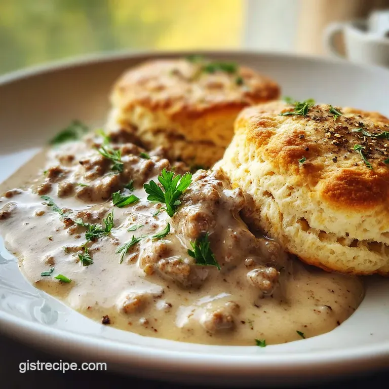 Golden biscuits topped with thick, white gravy flecked with savory browned sausage. Fresh parsley garnish on a rustic plate.